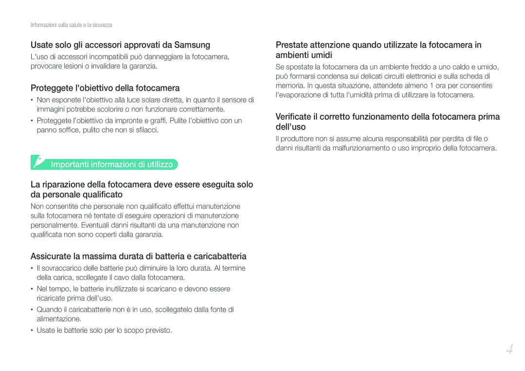 Samsung EV-NX100ZBAWIT, EV-NX100ZBCNIT Usate solo gli accessori approvati da Samsung, Importanti informazioni di utilizzo 