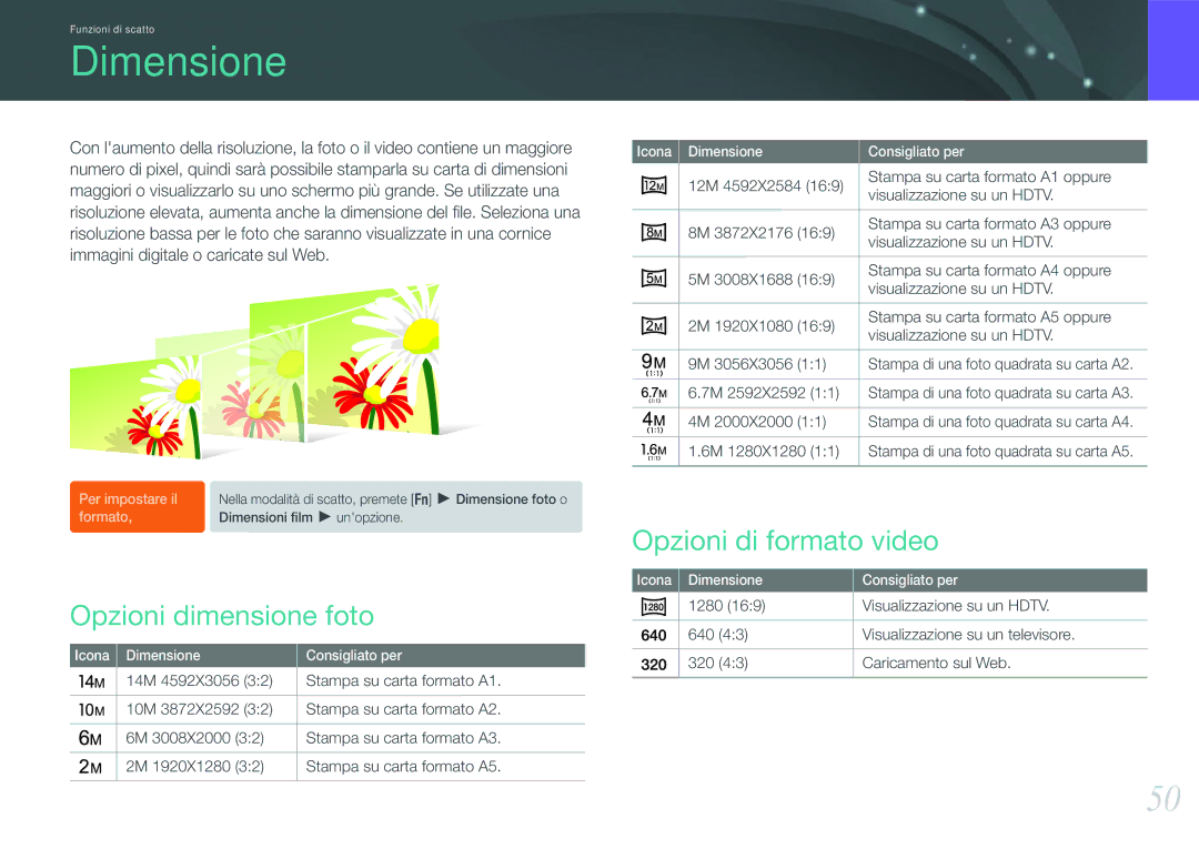 Samsung EV-NX100ZBANIT manual Dimensione, Opzioni dimensione foto, Opzioni di formato video, 7M 2592X2592, 6M 1280X1280 