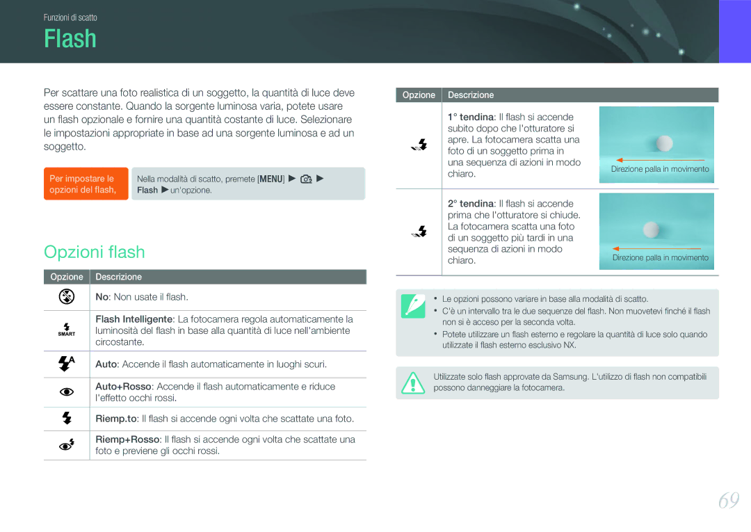 Samsung EV-NX100ZBCWIT, EV-NX100ZBCNIT, EV-NX100ZBABIT, EV-NX100ZBCBIT, EV-NX100ZBANIT manual Flash, Opzioni ﬂash, Chiaro 