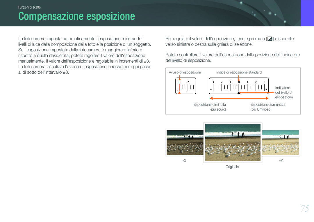 Samsung EV-NX100ZBCWIT, EV-NX100ZBCNIT, EV-NX100ZBABIT, EV-NX100ZBCBIT, EV-NX100ZBANIT manual Compensazione esposizione 