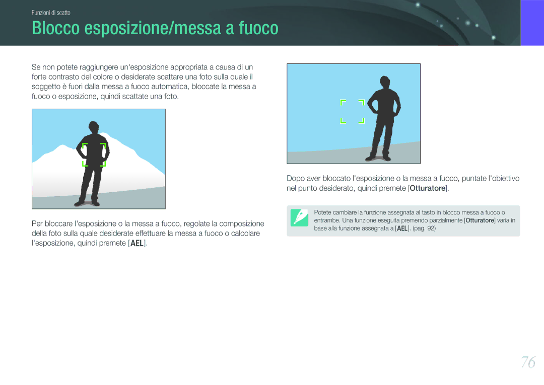 Samsung EV-NX100ZBAWIT, EV-NX100ZBCNIT, EV-NX100ZBABIT, EV-NX100ZBCBIT, EV-NX100ZBANIT manual Blocco esposizione/messa a fuoco 