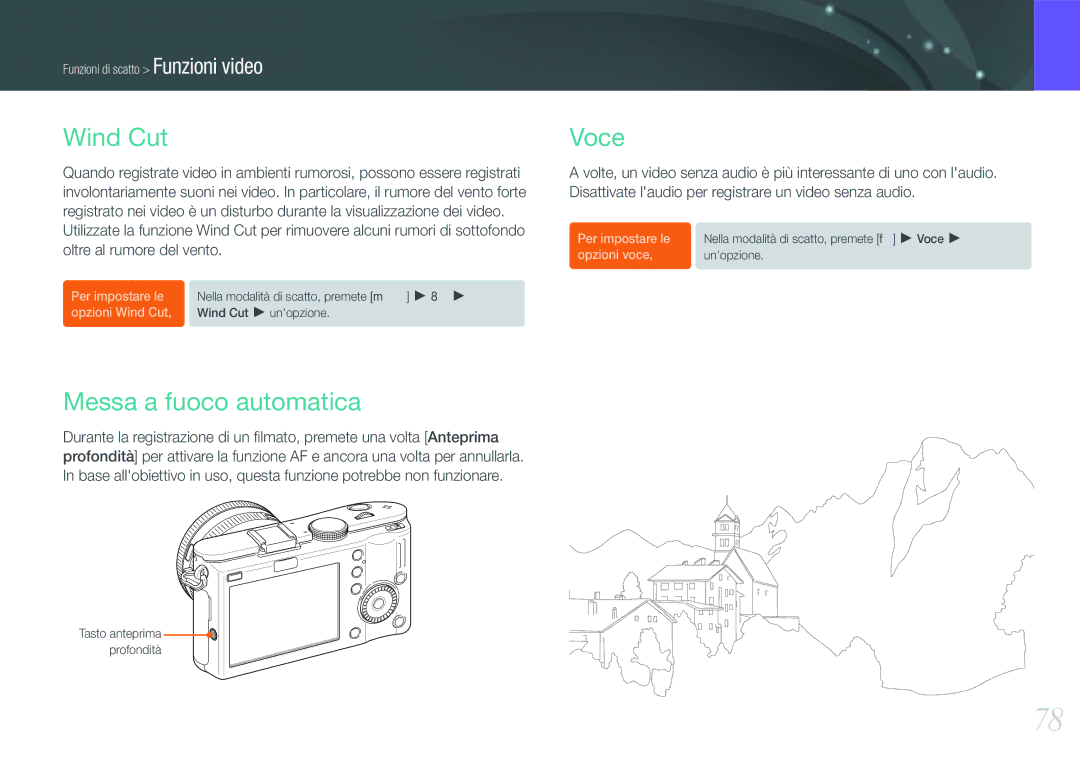 Samsung EV-NX100ZBABIT, EV-NX100ZBCNIT, EV-NX100ZBCBIT, EV-NX100ZBANIT manual Wind Cut, Messa a fuoco automatica, Voce 