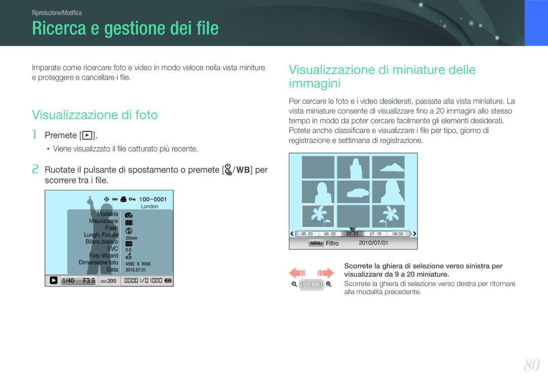 Samsung EV-NX100ZBANIT Ricerca e gestione dei ﬁle, Visualizzazione di foto, Visualizzazione di miniature delle immagini 