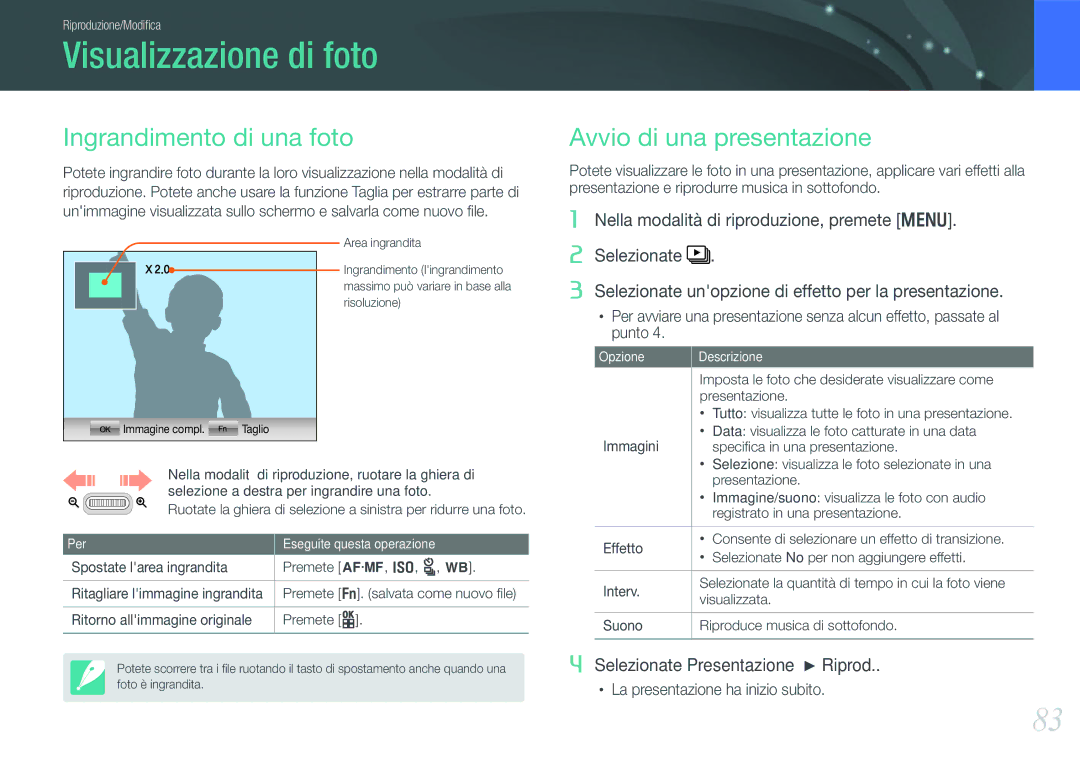 Samsung EV-NX100ZBCNIT manual Visualizzazione di foto, Ingrandimento di una foto, Avvio di una presentazione, Presentazione 