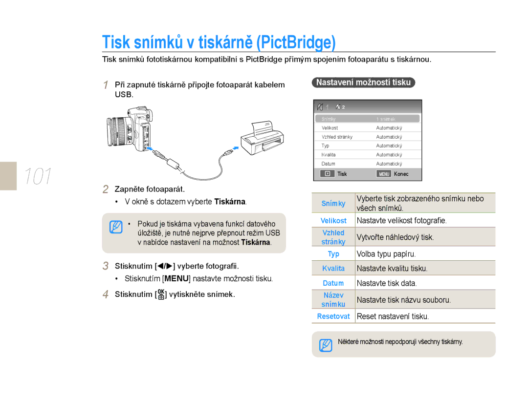 Samsung EV-NX10ZZBABCZ, EV-NX10ZZBABDE, EV-NX10ZZBCBCZ Tisk snímků v tiskárně PictBridge, 101, Nastavení možností tisku 