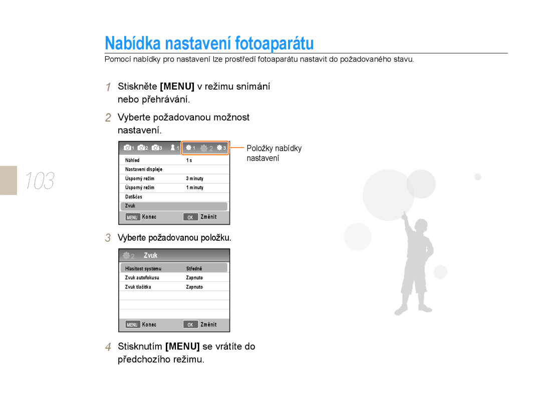 Samsung EV-NX10ZZBABPL, EV-NX10ZZBABDE, EV-NX10ZZBABCZ manual Nabídka nastavení fotoaparátu, Vyberte požadovanou položku 