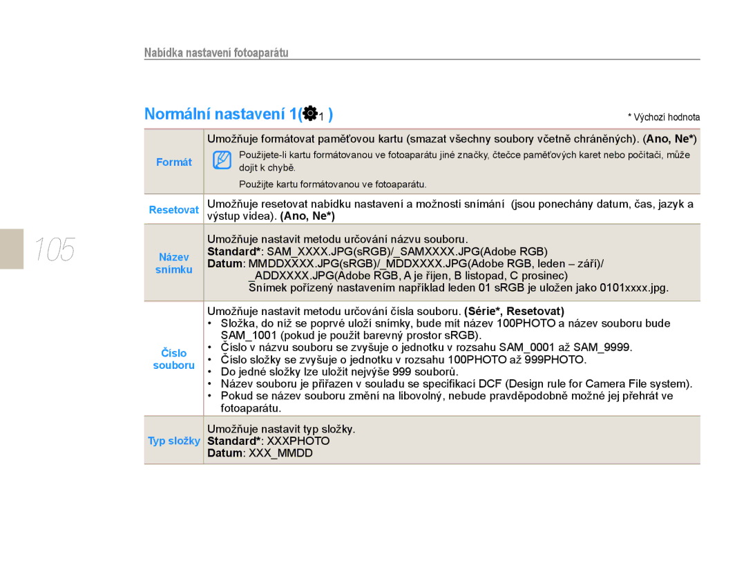 Samsung EV-NX10ZZBABCZ, EV-NX10ZZBABDE, EV-NX10ZZBCBCZ, EV-NX10ZZBABPL manual 105, Normální nastavení 1 