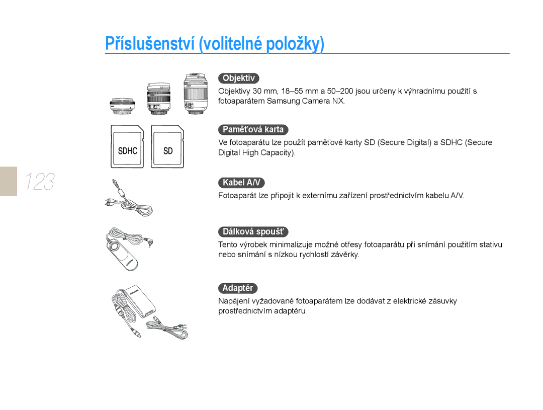 Samsung EV-NX10ZZBABPL, EV-NX10ZZBABDE Příslušenství volitelné položky, Objektiv, Paměťová karta, Dálková spoušť, Adaptér 