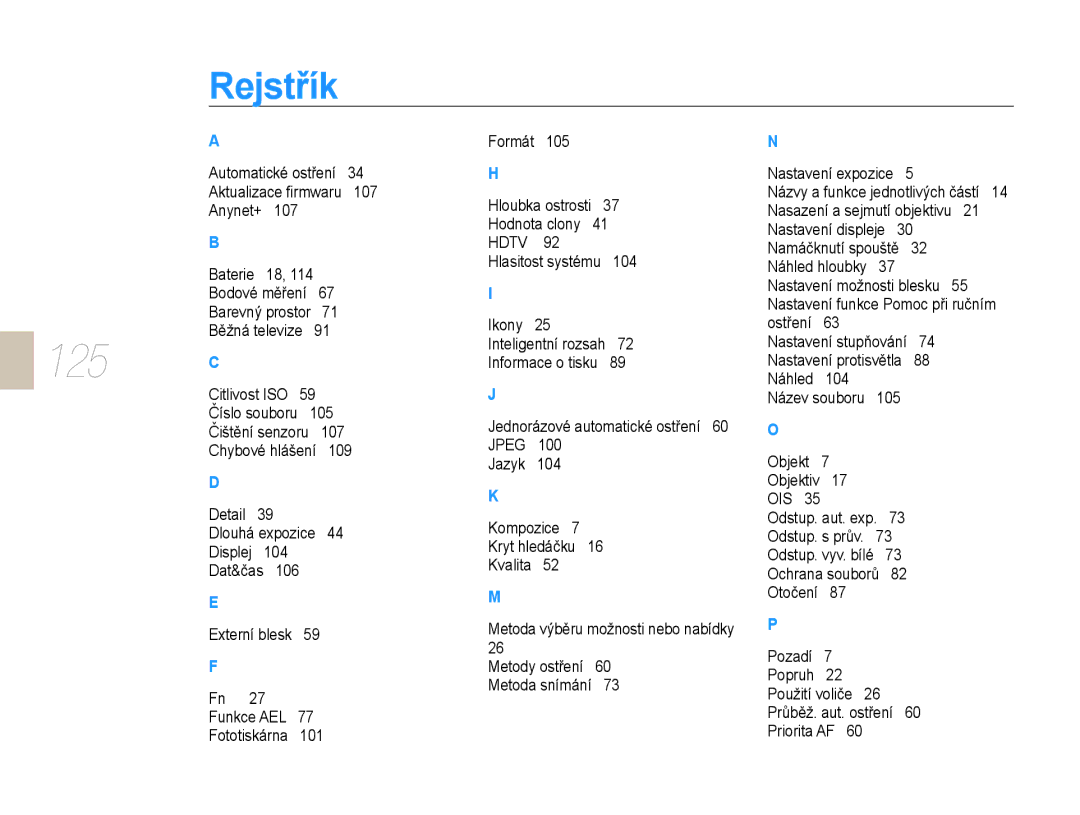 Samsung EV-NX10ZZBABCZ, EV-NX10ZZBABDE, EV-NX10ZZBCBCZ, EV-NX10ZZBABPL manual 125 C, Rejstřík 