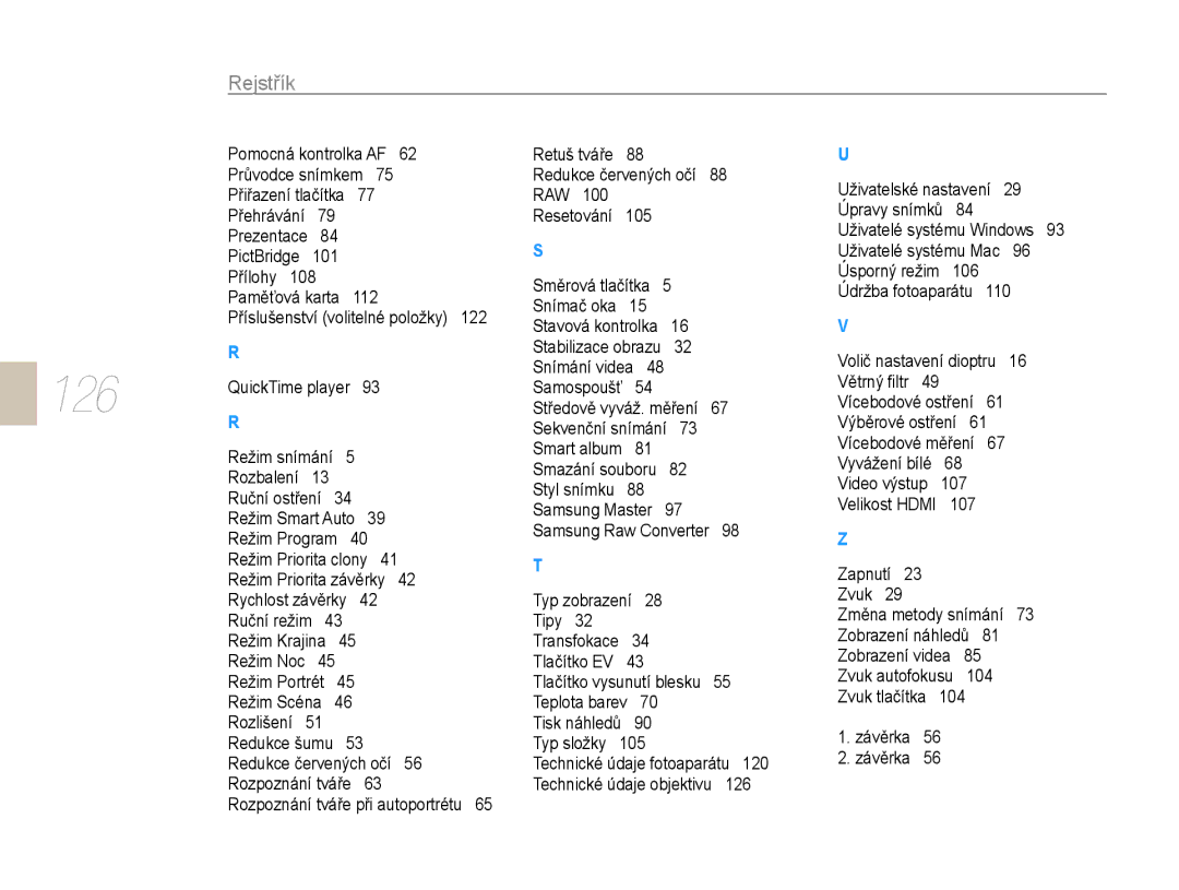 Samsung EV-NX10ZZBCBCZ, EV-NX10ZZBABDE, EV-NX10ZZBABCZ, EV-NX10ZZBABPL manual 126, Rozbalení 