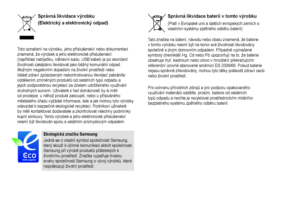 Samsung EV-NX10ZZBABPL, EV-NX10ZZBABDE, EV-NX10ZZBABCZ Správná likvidace baterií v tomto výrobku, Ekologická značka Samsung 