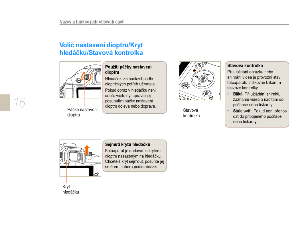 Samsung EV-NX10ZZBABDE manual Použití páčky nastavení dioptru, Stavová kontrolka, Sejmutí krytu hledáčku, Kryt hledáčku 