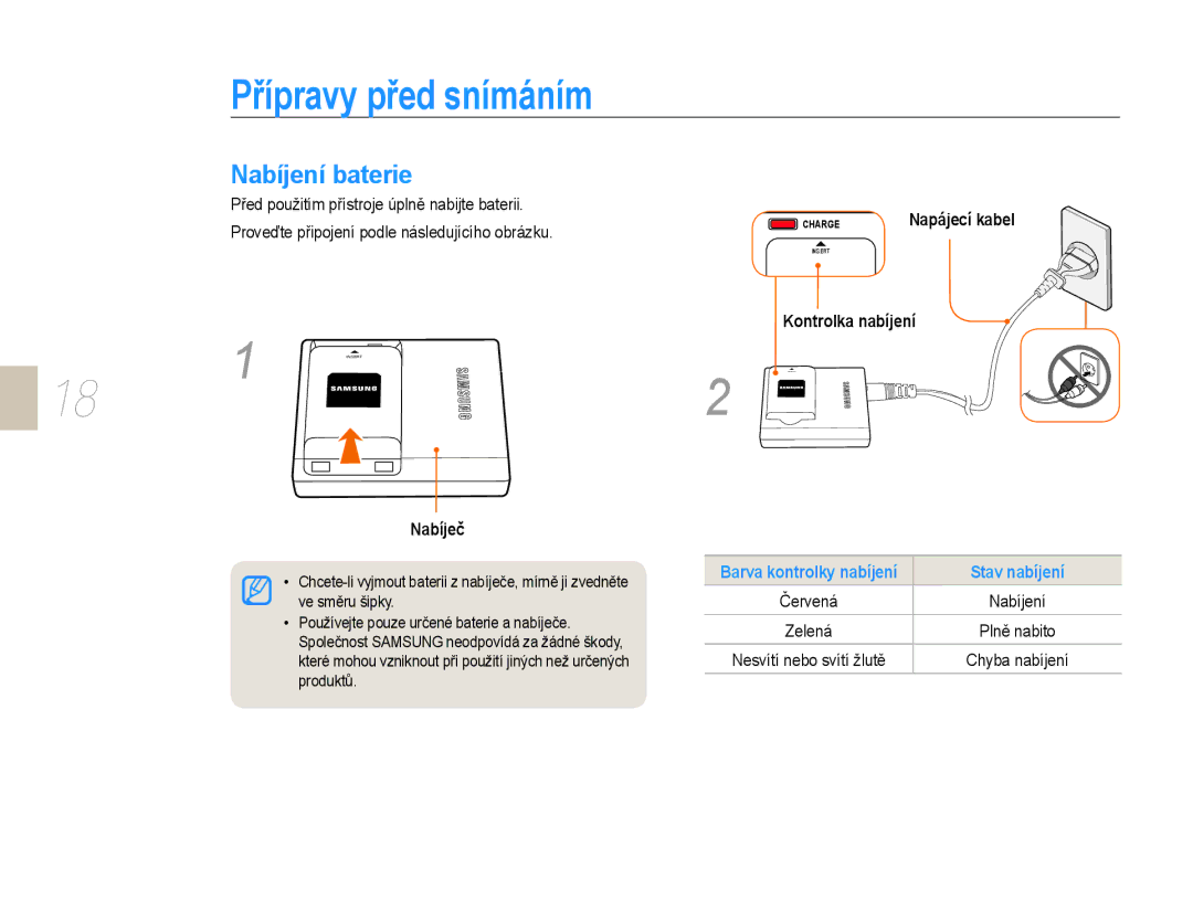 Samsung EV-NX10ZZBCBCZ, EV-NX10ZZBABDE, EV-NX10ZZBABCZ manual Přípravy před snímáním, Nabíjení baterie, Stav nabíjení 