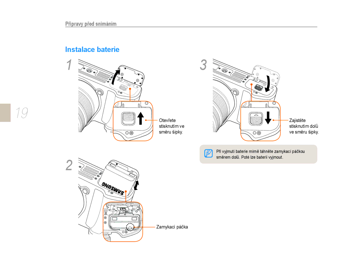 Samsung EV-NX10ZZBABPL, EV-NX10ZZBABDE, EV-NX10ZZBABCZ, EV-NX10ZZBCBCZ manual Instalace baterie 