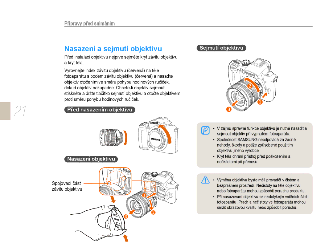 Samsung EV-NX10ZZBABCZ, EV-NX10ZZBABDE, EV-NX10ZZBCBCZ, EV-NX10ZZBABPL manual Nasazení a sejmutí objektivu, Nasazení objektivu 