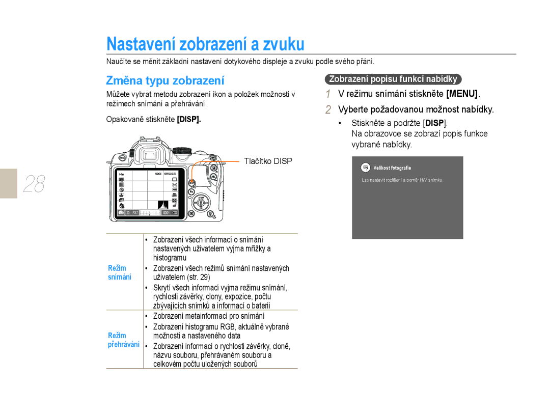 Samsung EV-NX10ZZBABDE Nastavení zobrazení a zvuku, Změna typu zobrazení, Zobrazení popisu funkcí nabídky, Režim, Snímání 