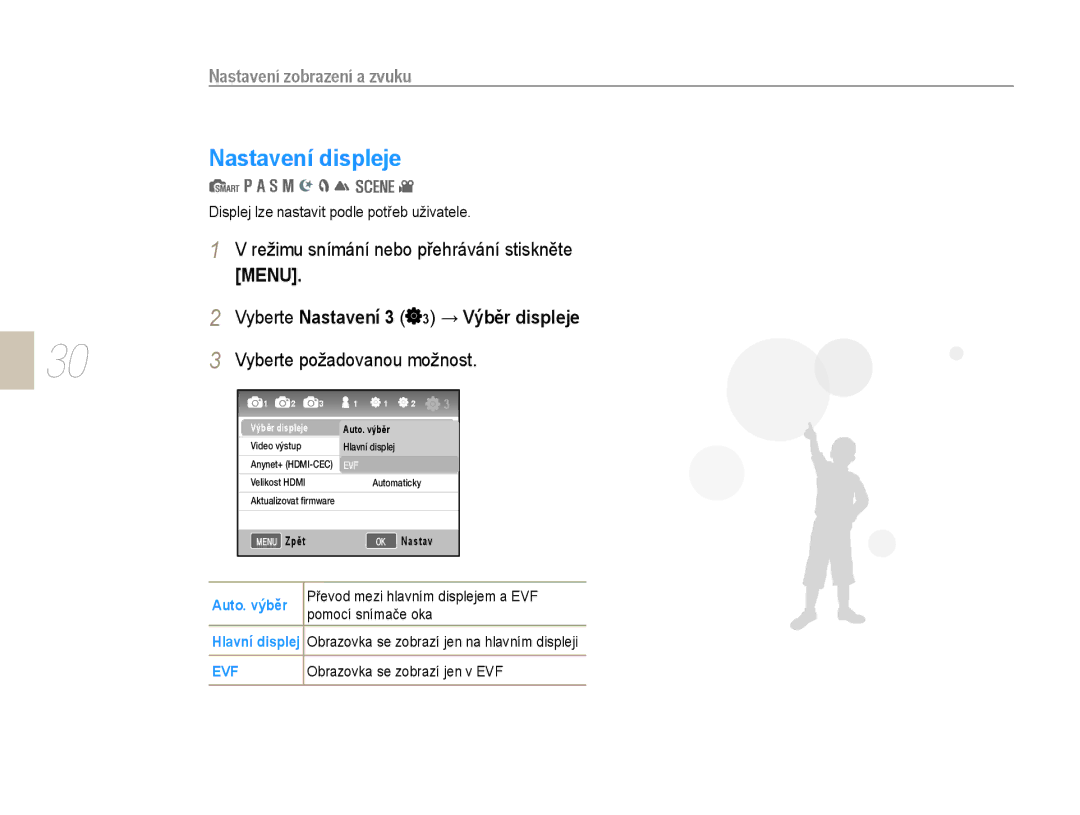 Samsung EV-NX10ZZBCBCZ, EV-NX10ZZBABDE manual Nastavení displeje, Režimu snímání nebo přehrávání stiskněte, Auto. výběr 
