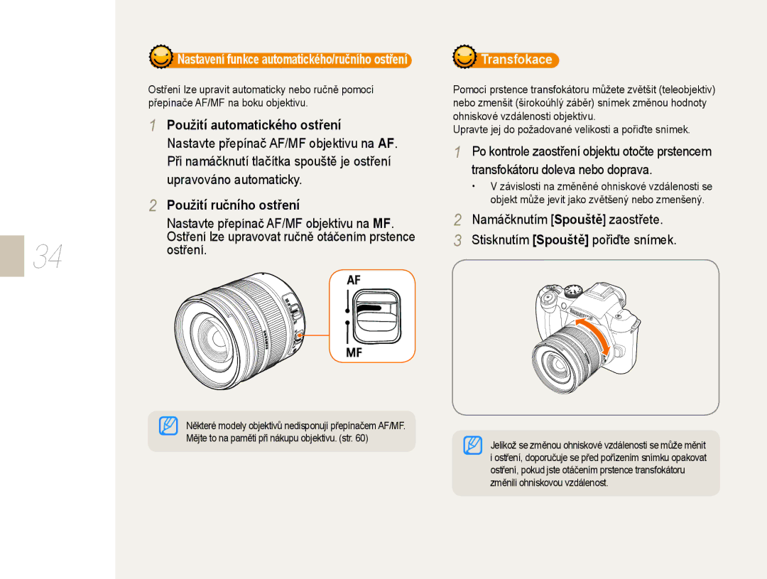 Samsung EV-NX10ZZBCBCZ, EV-NX10ZZBABDE, EV-NX10ZZBABCZ Použití automatického ostření, Použití ručního ostření, 34 ostření 