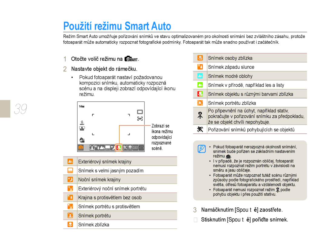 Samsung EV-NX10ZZBABPL, EV-NX10ZZBABDE, EV-NX10ZZBABCZ, EV-NX10ZZBCBCZ manual Použití režimu Smart Auto, Scéně 