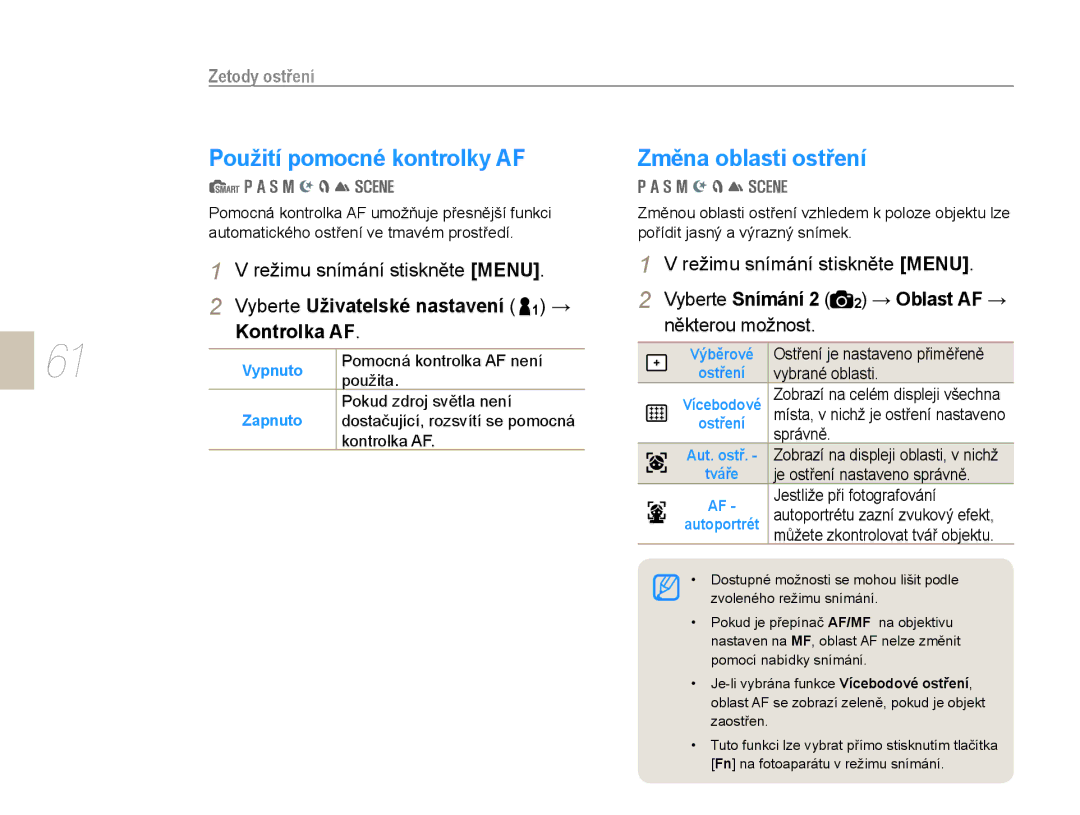 Samsung EV-NX10ZZBABCZ, EV-NX10ZZBABDE manual Použití pomocné kontrolky AF, Vyberte Uživatelské nastavení 1 →, Kontrolka AF 