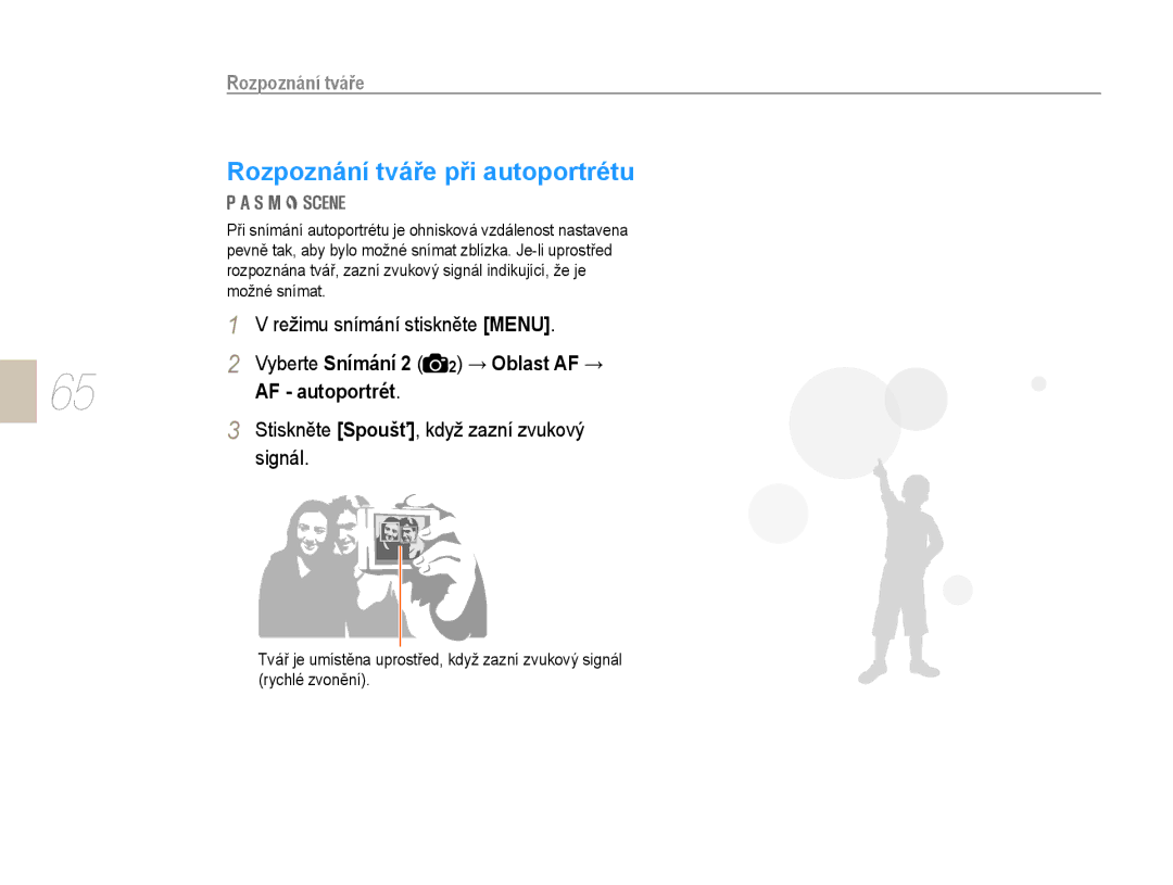 Samsung EV-NX10ZZBABCZ, EV-NX10ZZBABDE, EV-NX10ZZBCBCZ manual Rozpoznání tváře při autoportrétu, AF autoportrét, Signál 