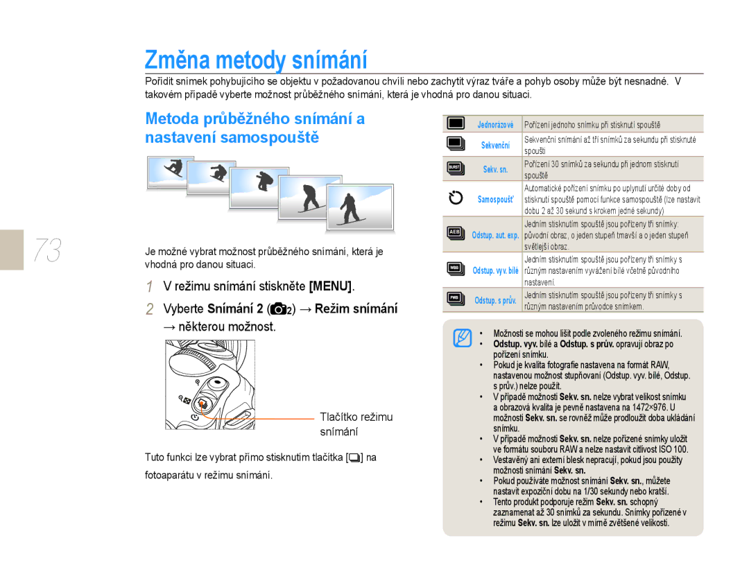 Samsung EV-NX10ZZBABCZ manual Změna metody snímání, Metoda průběžného snímání a, Nastavení samospouště, → Režim snímání 