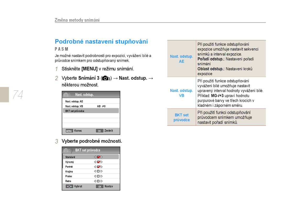 Samsung EV-NX10ZZBCBCZ manual Podrobné nastavení stupňování, → Nast. odstup. →, Vyberte podrobné možnosti, Průvodce 