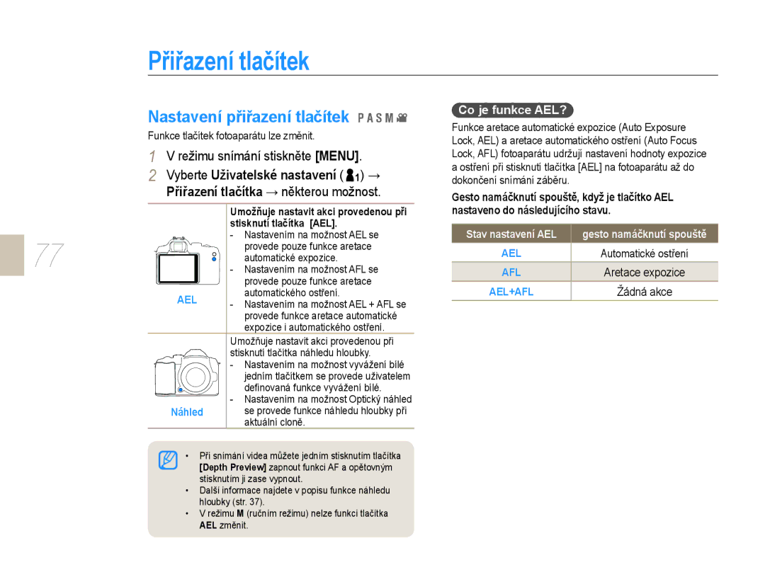 Samsung EV-NX10ZZBABCZ manual Přiřazení tlačítek, Nastavení přiřazení tlačítek, Co je funkce AEL?, Stisknutí tlačítka AEL 