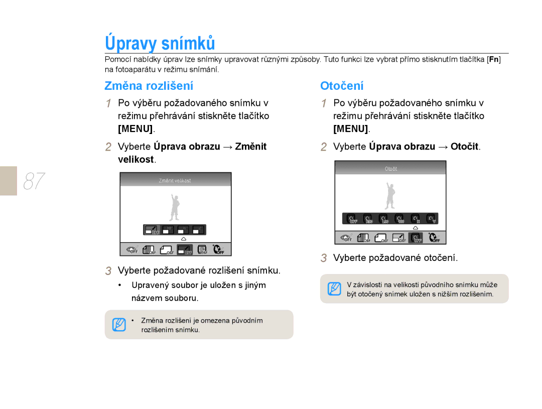 Samsung EV-NX10ZZBABPL, EV-NX10ZZBABDE Úpravy snímků, Změna rozlišení, Otočení, Vyberte Úprava obrazu → Změnit velikost 