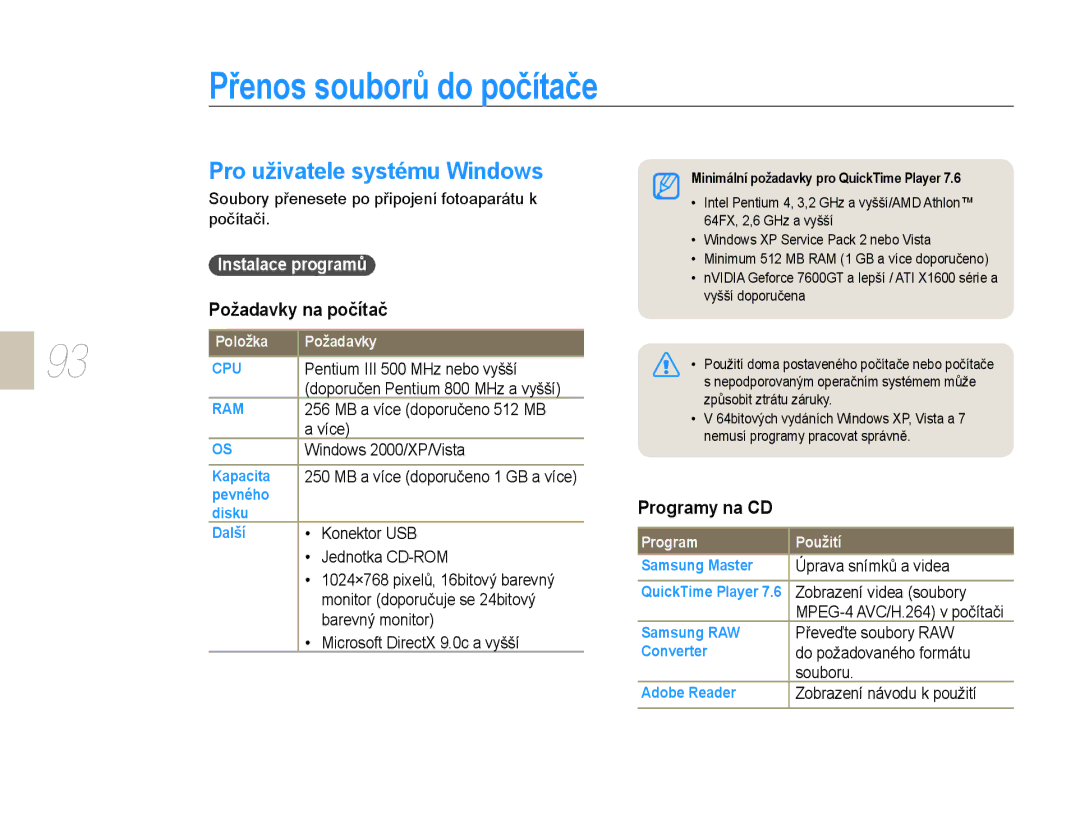 Samsung EV-NX10ZZBABCZ Přenos souborů do počítače, Pro uživatele systému Windows, Požadavky na počítač, Programy na CD 