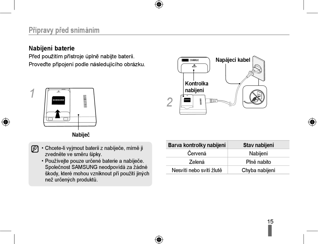 Samsung EV-NX10ZZBABPL, EV-NX10ZZBABDE, EV-NX10ZZBABCZ, EV-NX10ZZBCBCZ manual Přípravy před snímáním, Nabíjení baterie 