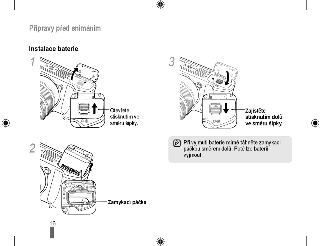 Samsung EV-NX10ZZBABDE, EV-NX10ZZBABCZ, EV-NX10ZZBCBCZ, EV-NX10ZZBABPL manual Instalace baterie, Zamykací páčka 