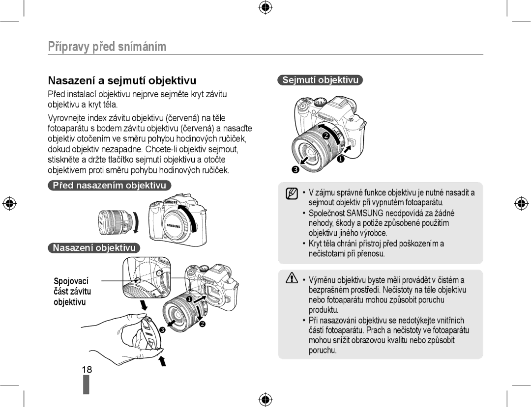 Samsung EV-NX10ZZBCBCZ manual Nasazení a sejmutí objektivu, Před nasazením objektivu Nasazení objektivu, Sejmutí objektivu 