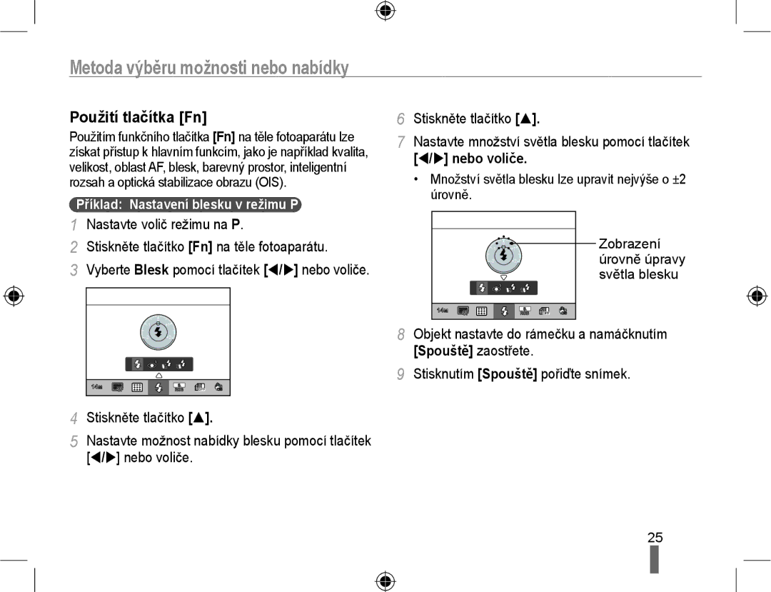 Samsung EV-NX10ZZBABCZ manual Metoda výběru možnosti nebo nabídky, Použití tlačítka Fn, Příklad Nastavení blesku v režimu P 