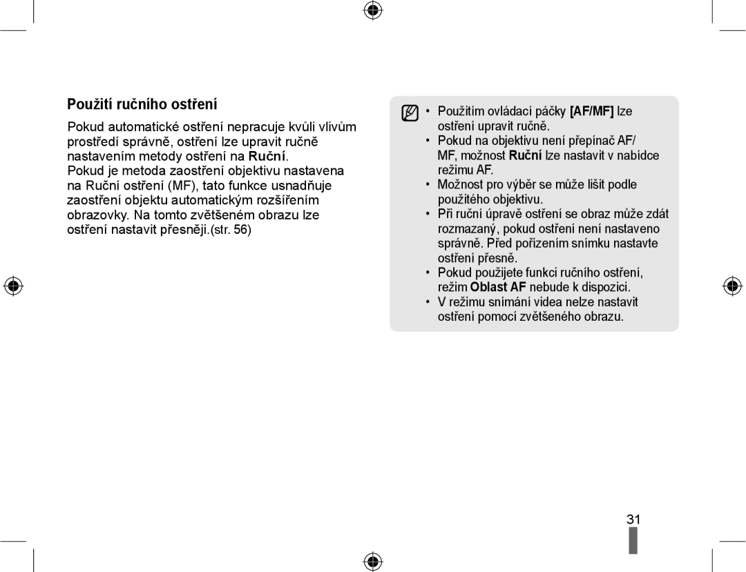 Samsung EV-NX10ZZBABPL, EV-NX10ZZBABDE, EV-NX10ZZBABCZ, EV-NX10ZZBCBCZ manual Použití ručního ostření 