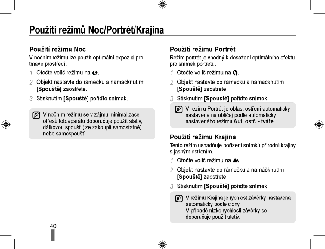 Samsung EV-NX10ZZBABDE, EV-NX10ZZBABCZ manual Použití režimů Noc/Portrét/Krajina, Použití režimu Noc, Použití režimu Portrét 