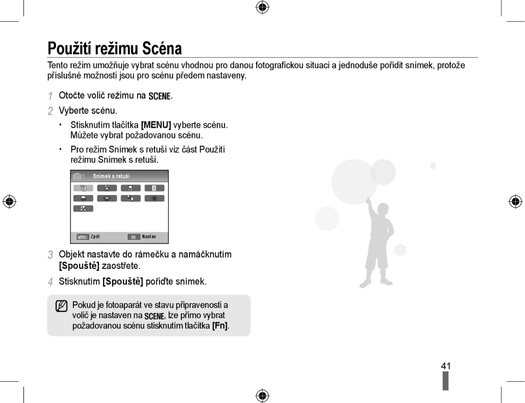 Samsung EV-NX10ZZBABCZ, EV-NX10ZZBABDE, EV-NX10ZZBCBCZ manual Použití režimu Scéna, Otočte volič režimu na Vyberte scénu 