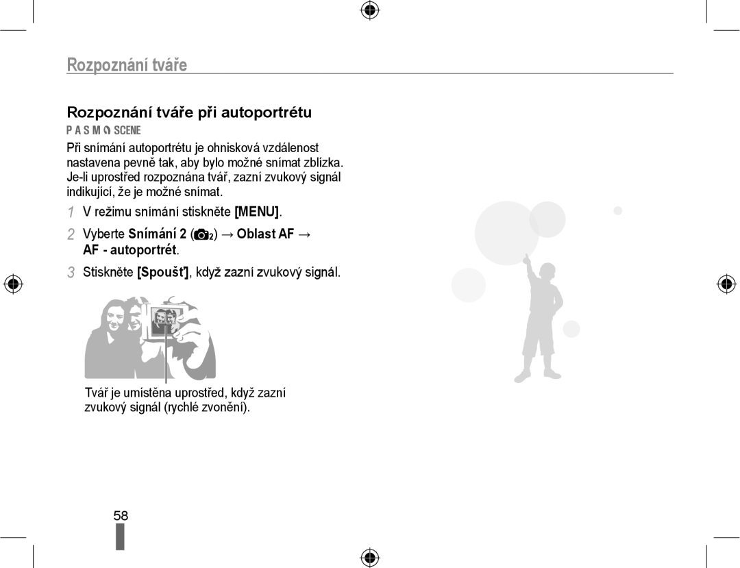 Samsung EV-NX10ZZBCBCZ manual Rozpoznání tváře při autoportrétu, Vyberte Snímání 2 2 → Oblast AF → AF autoportrét 