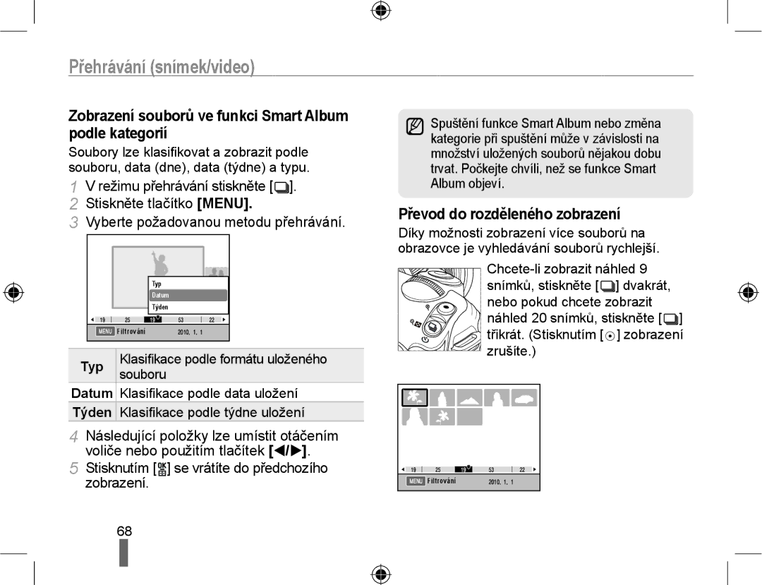 Samsung EV-NX10ZZBABDE manual Zobrazení souborů ve funkci Smart Album podle kategorií, Převod do rozděleného zobrazení, Typ 