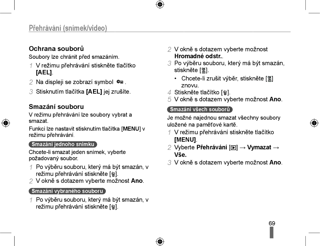 Samsung EV-NX10ZZBABCZ, EV-NX10ZZBABDE manual Ochrana souborů, Smazání souboru, Režimu přehrávání stiskněte tlačítko 