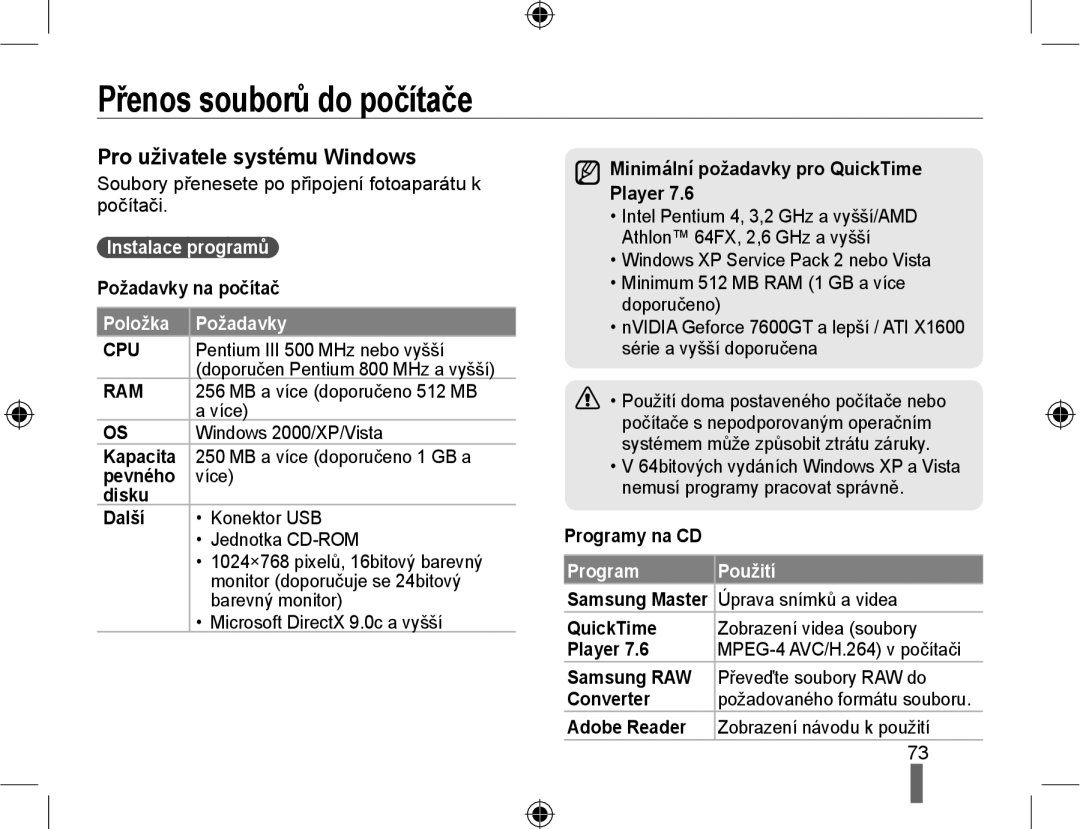 Samsung EV-NX10ZZBABCZ Přenos souborů do počítače, Pro uživatele systému Windows, Instalace programů, Položka Požadavky 