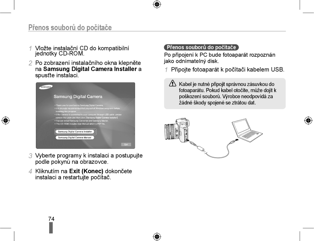 Samsung EV-NX10ZZBCBCZ, EV-NX10ZZBABDE manual Přenos souborů do počítače, Připojte fotoaparát k počítači kabelem USB 