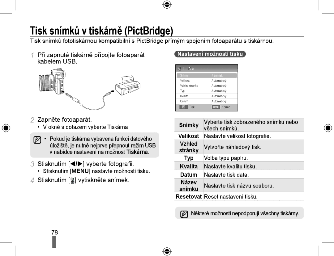 Samsung EV-NX10ZZBCBCZ Tisk snímků v tiskárně PictBridge, Stisknutím / vyberte fotograﬁi, Stisknutím vytiskněte snímek 