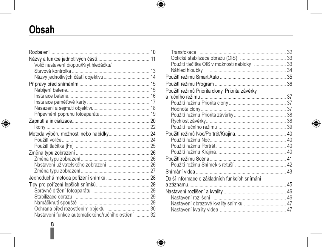 Samsung EV-NX10ZZBABDE, EV-NX10ZZBABCZ, EV-NX10ZZBCBCZ manual Obsah, Použití režimů Priorita clony, Priorita závěrky 