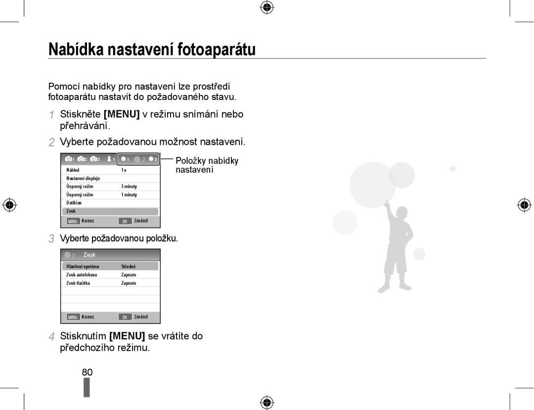 Samsung EV-NX10ZZBABDE, EV-NX10ZZBABCZ, EV-NX10ZZBCBCZ manual Nabídka nastavení fotoaparátu, Vyberte požadovanou položku 