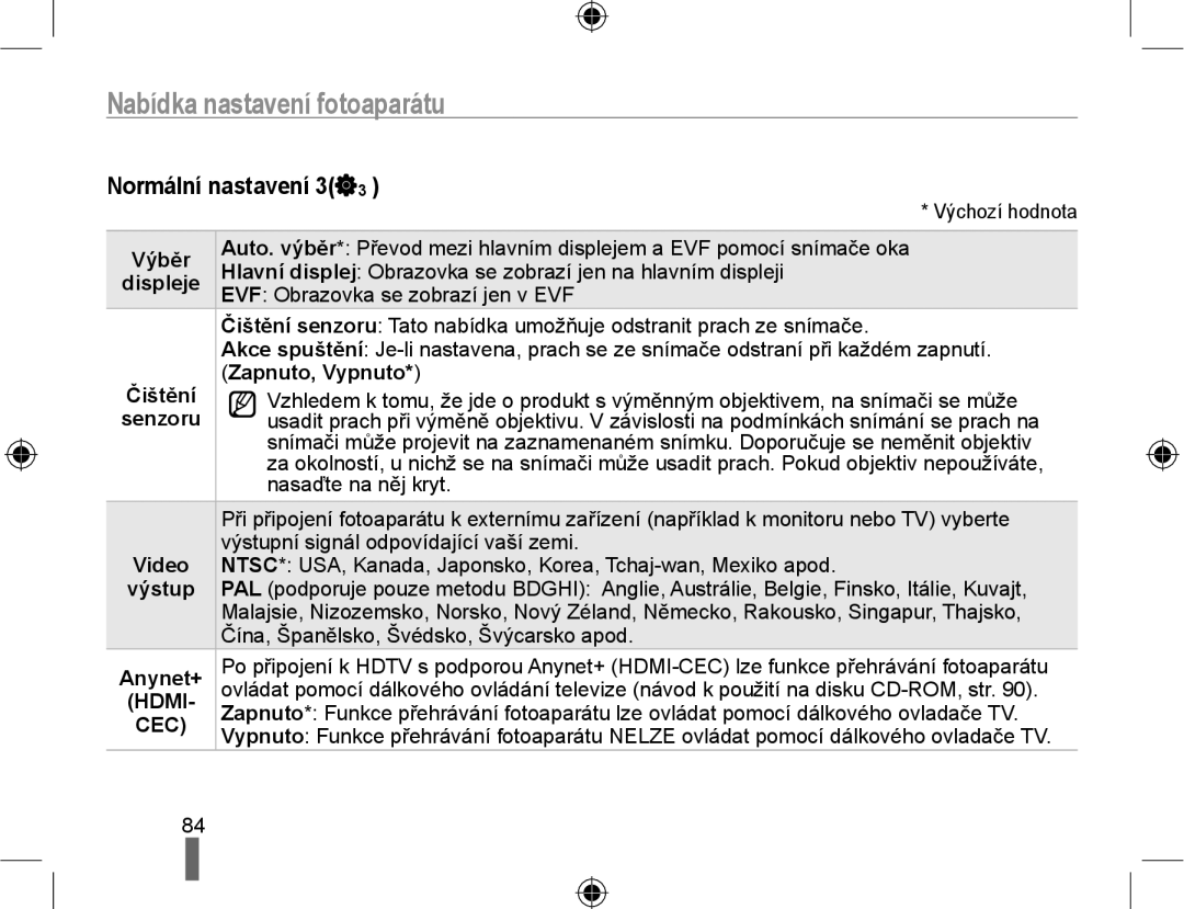 Samsung EV-NX10ZZBABDE, EV-NX10ZZBABCZ manual Normální nastavení 3, Výběr, Čištění Zapnuto, Vypnuto, Senzoru, Anynet+ 