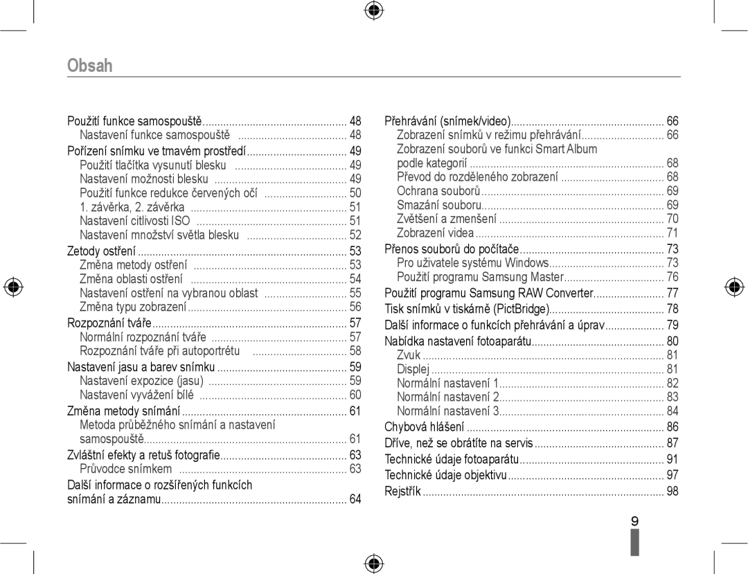 Samsung EV-NX10ZZBABCZ, EV-NX10ZZBABDE, EV-NX10ZZBCBCZ, EV-NX10ZZBABPL manual Obsah 