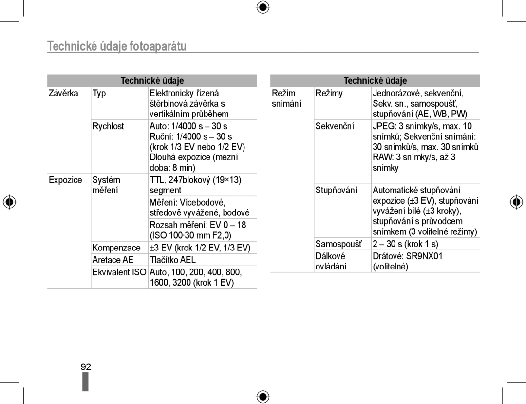 Samsung EV-NX10ZZBABDE, EV-NX10ZZBABCZ, EV-NX10ZZBCBCZ, EV-NX10ZZBABPL manual Technické údaje fotoaparátu 