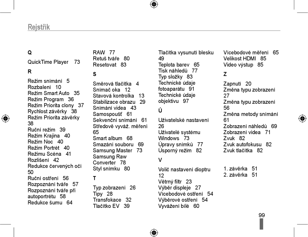 Samsung EV-NX10ZZBABPL, EV-NX10ZZBABDE, EV-NX10ZZBABCZ, EV-NX10ZZBCBCZ manual Rejstřík 