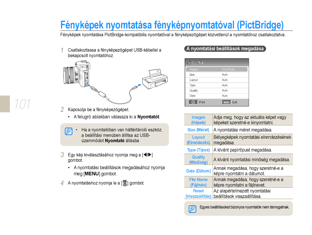 Samsung EV-NX10ZZBABCZ manual Fényképek nyomtatása fényképnyomtatóval PictBridge, 101, Nyomtatási beállítások megadása 